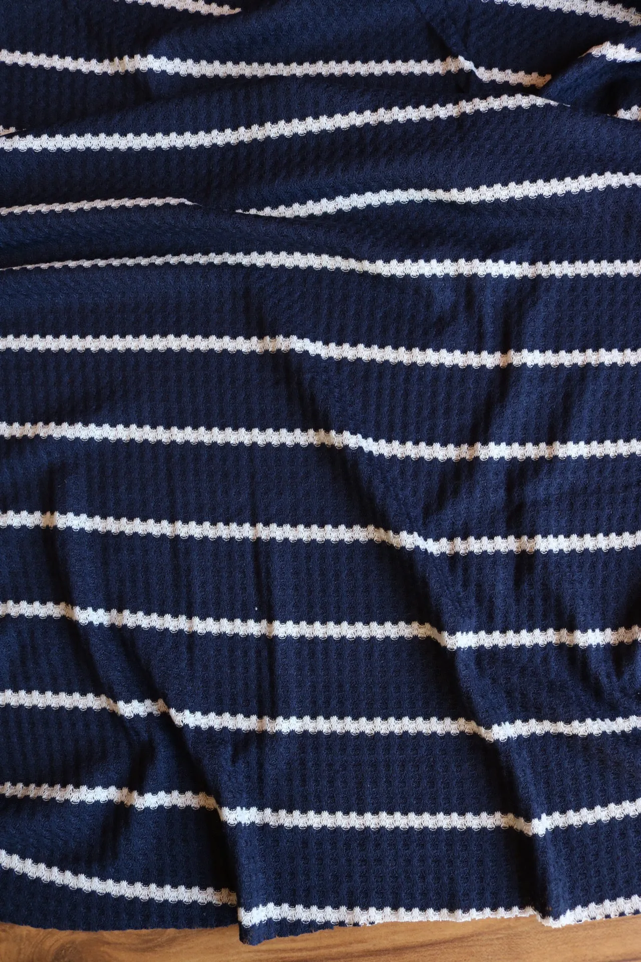 4YD 26IN REMNANT; 1.5" Navy & .5" Ivory Stripe Waffle Sweater Knit